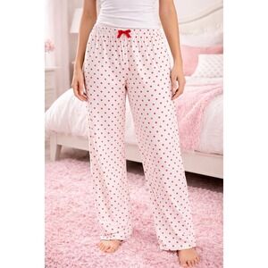 Heart Print‎ Pajama Pants Women Medium White Red Valentine Lounge Sleep Pants